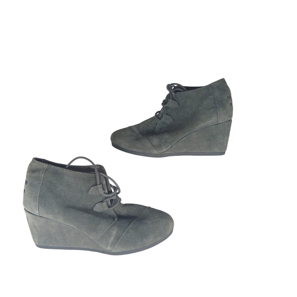 TOMS Kala Wedge Booties‎ 8.5 Grey Suede Lace Up Ankle Boots 10012957